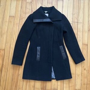 SOIA & KYO Black Wool Blend Asymmetrical Collar Coat w/ Leather Accents Size XS